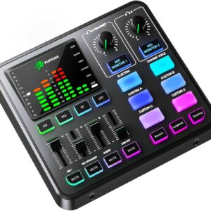 PUPGSIS Gaming Audio Mixer, Audio Interface for PC/Podcast/Streaming, Sound Board with 3.5mm/XLR Mic Input, 48V Phantom Power, Voice Changer, Live Sound Card with DJ Mixer Effects/Bluetooth/4 Channel