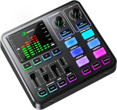 PUPGSIS Gaming Audio Mixer, Audio Interface for PC/Podcast/Streaming, Sound Board with 3.5mm/XLR Mic Input, 48V Phantom Power, Voice Changer, Live Sound Card with DJ Mixer Effects/Bluetooth/4 Channel
