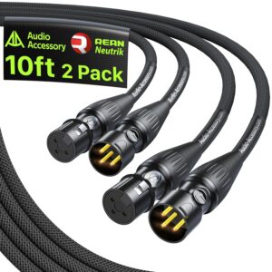 XLR Cables 10ft 2 Pack, Neutrik REAN Gold-Pin Connectors, Kevlar-Reinforced Nylon Braided, AL & OFC Dual Shielded Balanced XLR Microphone Cable for Shure