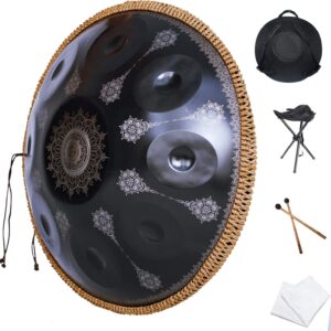 Handpan-Classic 10 Notes Black Print Hand Pan,Premium 432HZ 22 Inches D Minor Steel Handpan Drum Set,Adult’s Music Steel Pan Instrument