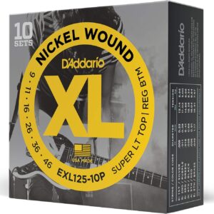 D’Addario Electric Guitar Strings, XL Nickel, EXL125-10P, Super Light Top/Regular Bottom Gauge, 6-String Set, Pack of 10