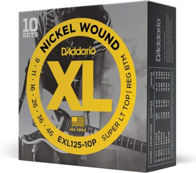 D'Addario Electric Guitar Strings, XL Nickel, EXL125-10P, Super Light Top/Regular Bottom Gauge, 6-String Set, Pack of 10