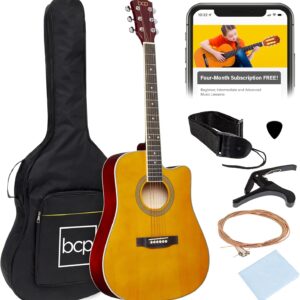 Best Choice Products 41in Beginner Acoustic Guitar Full Size All Wood Cutaway Guitar Starter Set w/Case, Strap, Capo, Strings, Picks – Aged Natural