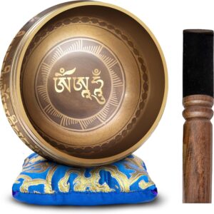 Tibetan Singing Bowl Set – Easy To Play Authentic Handcrafted For Meditation Sound Bowl Chakra Yoga Healing 4 Inches By Himalayan Bazaar (Brown & Blue)