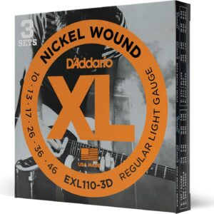 D’Addario Electric Guitar Strings, XL Nickel, EXL110-3D, Regular Light Gauge 10-46, 6-String Set, Pack of 3