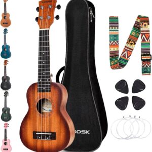 AODSK Soprano Sunburst Ukulele for Beginner 21 Inch Ukelele with Gig Bag Strap Nylon String 4 Picks Holiday Gift