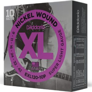 D’Addario Electric Guitar Strings, XL Nickel, EXL120-10P, Super Light Gauge 09-42, 6-String Set, Pack of 10 D’Addario Electric Guitar Strings, XL Nickel, EXL120-10P, Super Light Gauge 09-42, 6-String Set, Pack of 10