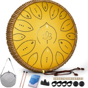 Steel Tongue Drum 13 Inches 15 Notes, Hand Pan Drums for Adults 432hz, C Major Handpan Musical Instrument with Song Book, Mallets and Carry Bag, Yellow Steel Tongue Drum 13 Inches 15 Notes, Hand Pan Drums for Adults 432hz, C Major Handpan Musical Instrument with Song Book, Mallets and Carry Bag, Yellow