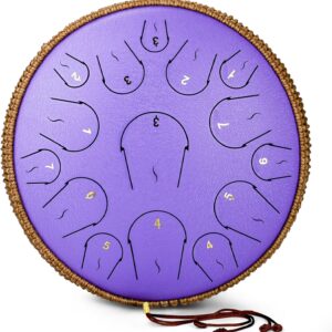 Steel Tongue Drum – 14 Inch 15 Note Tongue Drum – Hand Pan Drum with Music Book, Handpan Mallets and Carry Bag, C Major, Purple
