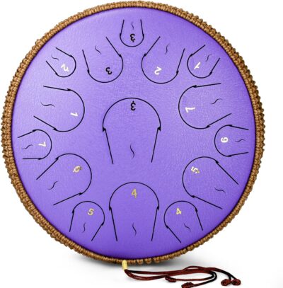 Steel Tongue Drum - 14 Inch 15 Note Tongue Drum - Hand Pan Drum with Music Book, Handpan Mallets and Carry Bag, C Major, Purple