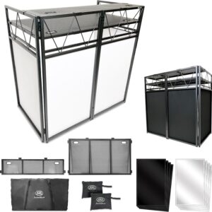 AxcessAbles Two-Tier Portable DJ Booth | Large DJ Table Stand w/ 43″x25″ Desk Surface | 2 Ergonomic Table Heights | Black & White Facades, Carry Cases | DJ Laptop Controller Stand