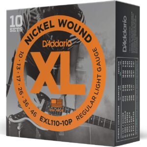 D’Addario Electric Guitar Strings, XL Nickel, EXL110-10P, Regular Light Gauge 10-46, 6-String Set, Pack of 10
