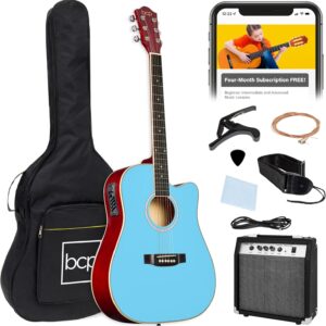 Best Choice Products Beginner Acoustic Electric Guitar Starter Set w/ 41in, All Wood Cutaway Design, Gig Bag, Strap, Picks – Sky Blue