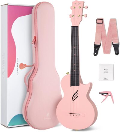 Enya Concert Ukulele Nova U 23 Carbon Fiber Travel Ukulele with Beginner Kit includes online lessons, case, strap, capo and strings (Pink)