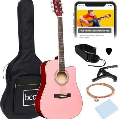 Best Choice Products 41in Beginner Acoustic Guitar Full Size All Wood Cutaway Guitar Starter Set w/Case, Strap, Capo, Strings, Picks - Pink
