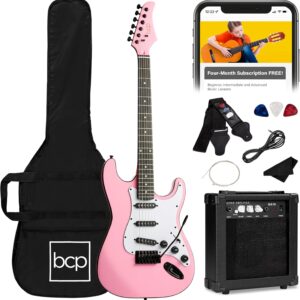 Best Choice Products 39in Full Size Beginner Electric Guitar Starter Kit w/Case, Strap, 11W Amp, Strings, Pick, Tremolo Bar – Pink