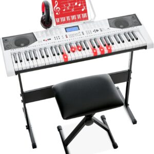 Best Choice Products 61-Key Beginners Complete Electronic Keyboard Piano Set w/Lighted Keys, LCD Screen, Headphones, Stand, Bench, Teaching Modes, Note Stickers, Built-In Speakers – White
