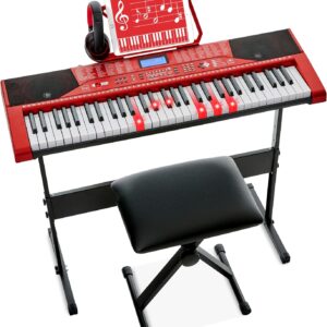Best Choice Products 61-Key Beginners Complete Electronic Keyboard Piano Set w/Lighted Keys, LCD Screen, Headphones, Stand, Bench, Teaching Modes, Note Stickers, Built-In Speakers – Red