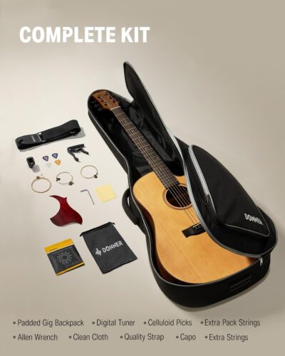 Donner 41 Acoustic Guitar Bundle for Beginners Adults with Online Lesson, 4/4 Full Size Steel Acustica Guitarra with Gig Bag, Tuner, Strap, Strings, Picks, Capos, Cutaway, Natural, DAG-1C/DAD-110C