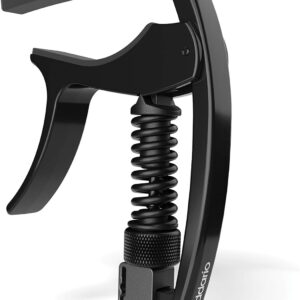 DAddario Guitar Capo – NS Tri Action – For 6-String Electric and Acoustic Guitars – Micrometer Tension Adjustment for Buzz-Free, In-Tune Performance – Single Hand Use – Integrated Pick Holder – Black