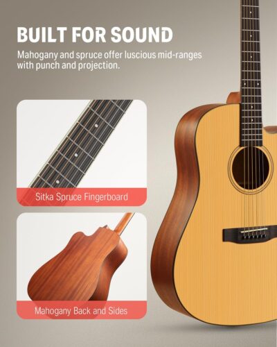 Donner 41 Acoustic Guitar Bundle for Beginners Adults with Online Lesson, 4/4 Full Size Steel Acustica Guitarra with Gig Bag, Tuner, Strap, Strings, Picks, Capos, Cutaway, Natural, DAG-1C/DAD-110C