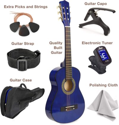 30 Left Handed Wood Guitar with Case and Accessories for Kids/Girls/Boys/Teens/Beginners (Blue)
