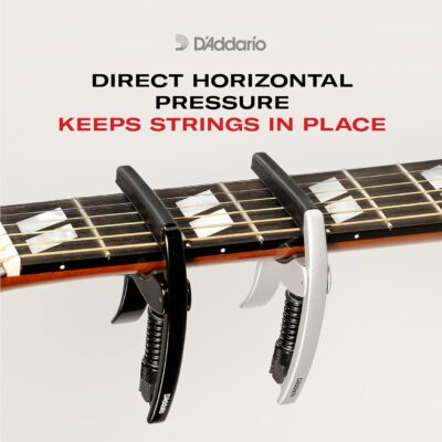 DAddario Guitar Capo – NS Tri Action – For 6-String Electric and Acoustic Guitars – Micrometer Tension Adjustment for Buzz-Free, In-Tune Performance – Single Hand Use – Integrated Pick Holder – Black