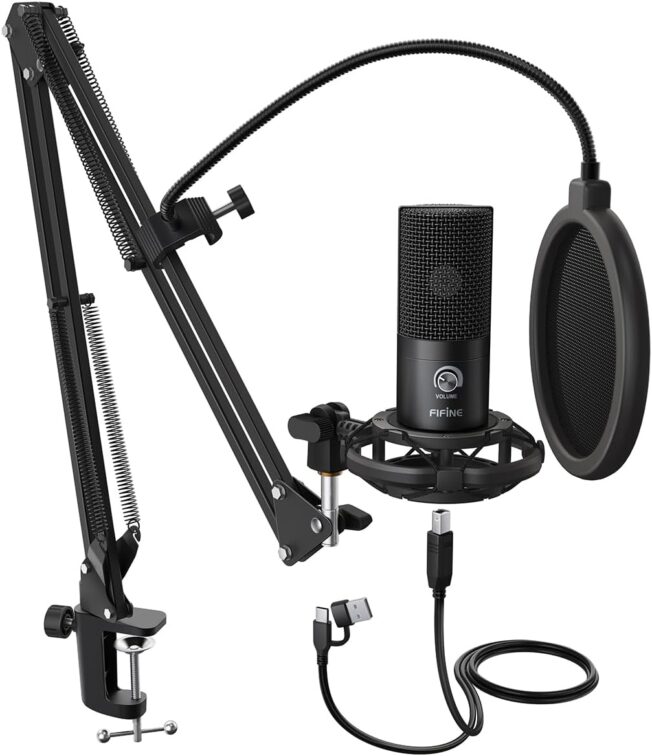 FIFINE Studio Condenser USB Microphone Computer PC Microphone Kit with Adjustable Boom Arm Stand Shock Mount for Instruments Voice Overs Recording Podcasting YouTube Vocal Gaming Streaming-T669
