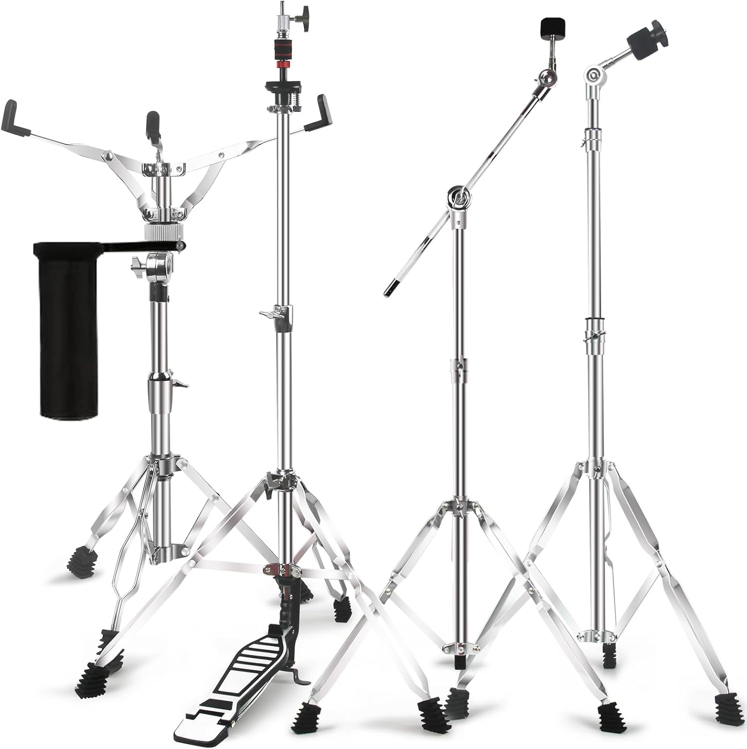 Straight Cymbal Stand + Boom Cymbal Stand + Hi Hat Stand + Snare Drum Stand + Drum Sticks Holder,Adjustable Drum Hardware Percussion Mount Holder Gear Set for Crash, Ride, Splash Cymbal (5 Pack Set)