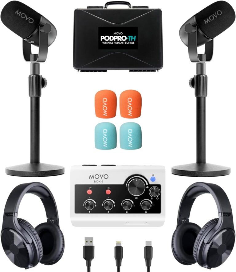 Movo Portable Podcast Equipment Bundle for iPhone/Android Phones- Podcast Kit with Audio Interface, 2 CastMic Dynamic Mics, 2 Table Stands – For Smartphones, Computers, PC, Mac – Lightning, USB, USB-C