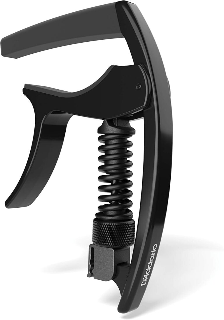 DAddario Guitar Capo – NS Tri Action – For 6-String Electric and Acoustic Guitars – Micrometer Tension Adjustment for Buzz-Free, In-Tune Performance – Single Hand Use – Integrated Pick Holder – Black