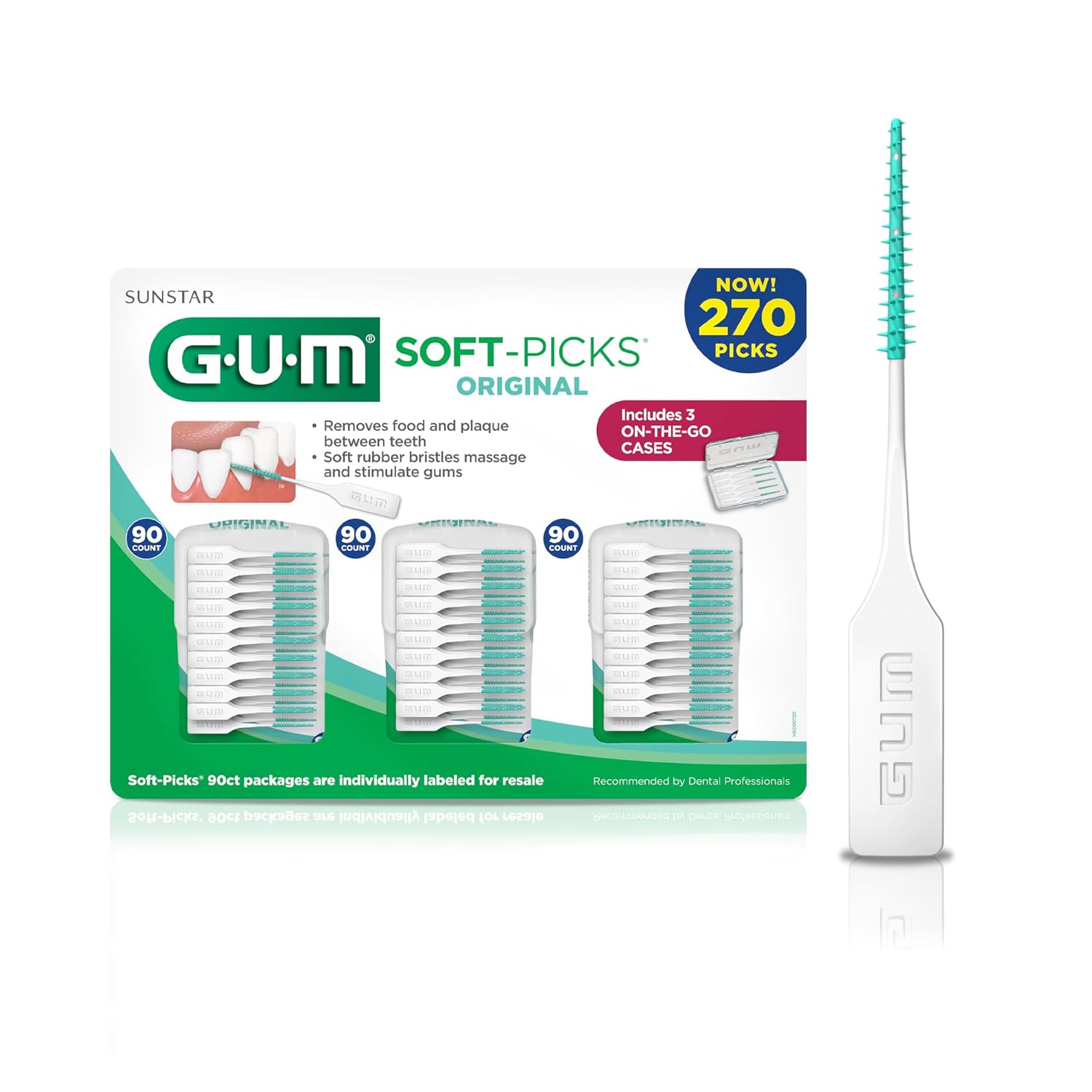 GUM Soft-Picks Original, Easy to Use Dental Picks for Teeth Cleaning and Gum Health, Disposable Interdental Brushes with Convenient Carry Case, Dentist Recommended Dental Picks, 270 Count