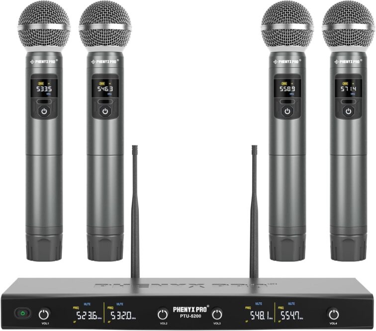 Phenyx Pro Wireless Microphone System, Metal Wireless Mic Set with 4 Cordless Mics, 4x25 UHF Adjustable Frequencies, 200ft Range, Dynamic Microphones for Singing, Karaoke, Church, DJ (PTU-5200-4H)
