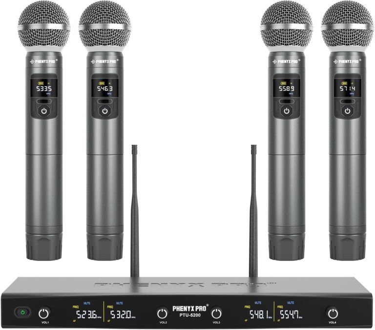 Phenyx Pro Wireless Microphone System, Metal Wireless Mic Set with 4 Cordless Mics, 4×25 UHF Adjustable Frequencies, 200ft Range, Dynamic Microphones for Singing, Karaoke, Church, DJ (PTU-5200-4H)