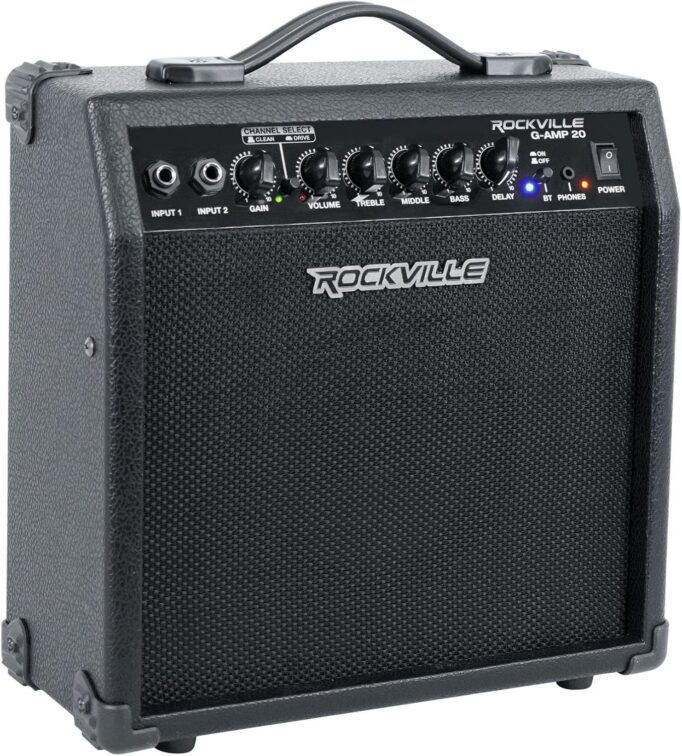 Rockville G-AMP 20W Guitar Amplifier Combo with Bluetooth, Delay, Dual Guitar Inputs, Clean/Overdrive, EQ Controls, Portable for Practice and Small Gigs