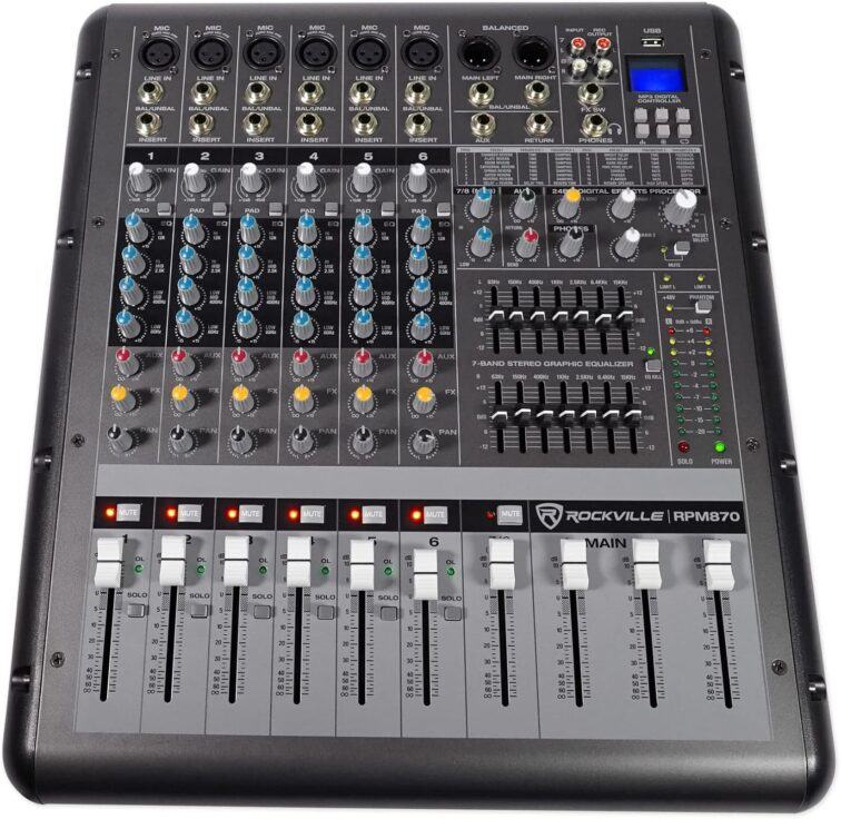 Rockville RPM870 6000w Powered Mixer, 8 Channel, 8 XDR2 Mic Pres, USB, 24-Bit Effects, Bluetooth, for Live Bands and DJs
