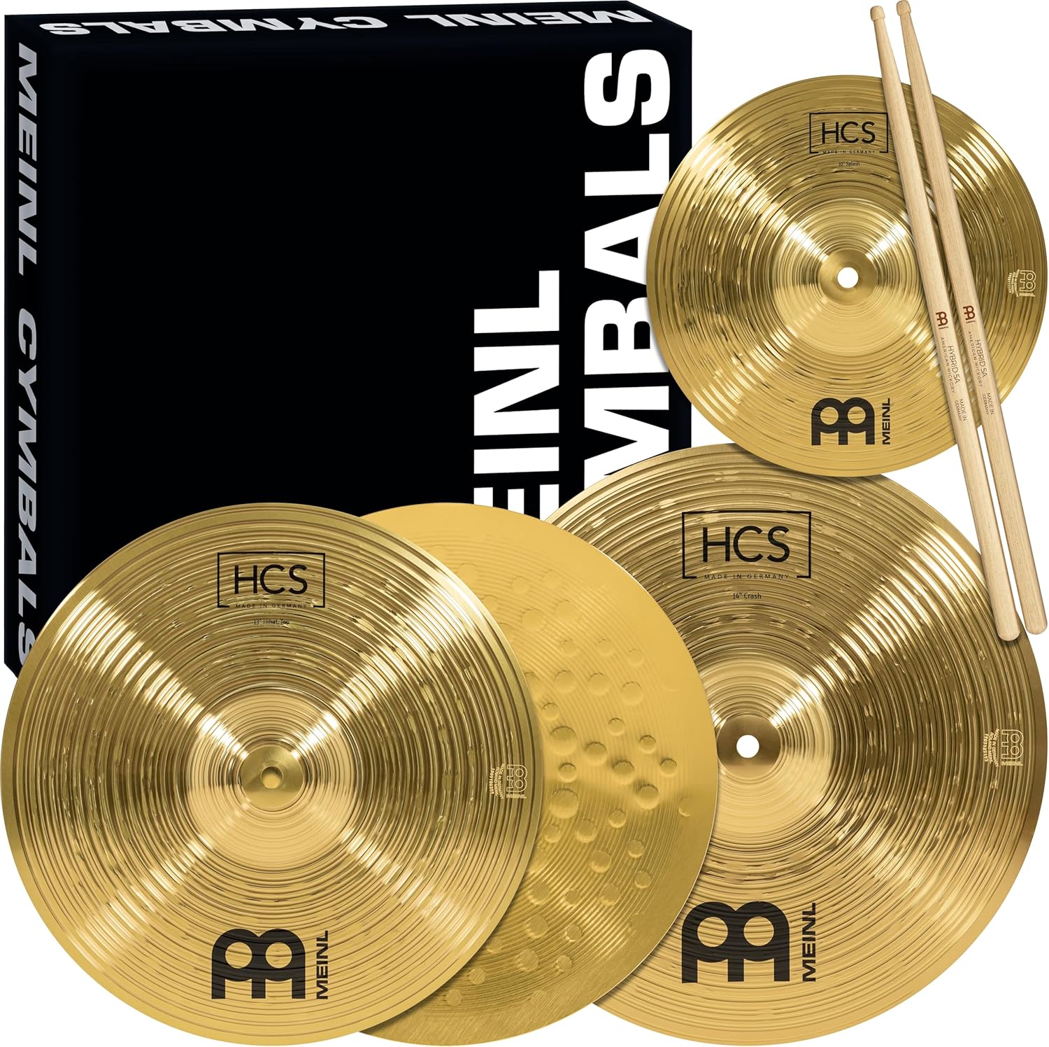 HCS Cymbal Set Box Pack for Drums with 13 Hihats, 14 Crash, Plus Free 10 Splash, Sticks, Lessons — MADE IN GERMANY — Durable Brass, 2-YEAR WARRANTY HCS Cymbal Set Box Pack for Drums with 13 Hihats, 14 Crash, Plus Free 10 Splash, Sticks, Lessons — MADE IN GERMANY — Durable Brass, 2-YEAR WARRANTY