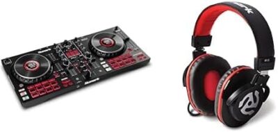 DJ Controller Bundle – DJ Set with 4 Decks, DJ Mixer, Audio Interface, Jog Wheel Displays, FX and DJ Headphones – Numark Mixtrack Platinum FX and HF175