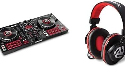 DJ Controller Bundle – DJ Set with 4 Decks, DJ Mixer, Audio Interface, Jog Wheel Displays, FX and DJ Headphones – Numark Mixtrack Platinum FX and HF175