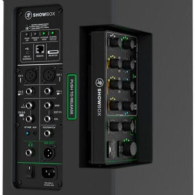 Mackie ShowBox All-in-One Battery-Powered 400W 8 Live Performance Rig with Breakaway Mix Control (Pair) Bundle with Auray Steel Speaker Stands with Tripod Base, Carrying Case and 2X XLR Cable