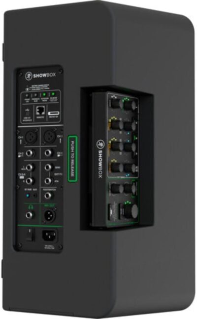 Mackie ShowBox All-in-One Battery-Powered 400W 8 Live Performance Rig with Breakaway Mix Control (Pair) Bundle with Auray Steel Speaker Stands with Tripod Base, Carrying Case and 2X XLR Cable