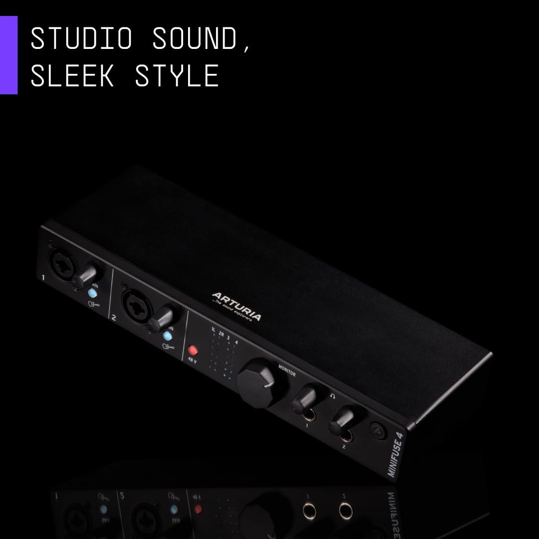 Arturia – MiniFuse 4 – Compact USB Audio & MIDI Interface with Creative Software for Recording, Production, Podcasting, Guitar – Black