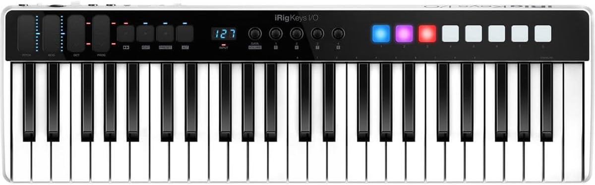 IK Multimedia iRig Keys I/O 49 portable keyboard MIDI controller 24-bit/ 96Khz audio interface full-size synth velocity-sensitive, 48V phantom power, XLR mic preamp, iPhone, iPad, Android, Mac, PC