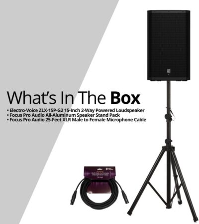 Electro-Voice ZLX-15P-G2 15-Inch 2-Way Powered Loudspeaker with Bluetooth Bundle with Focus Pro Audio All-Aluminum Speaker Stand Pack and Focus Pro Audio XLR Male to Female Microphone Cable (3 Items)