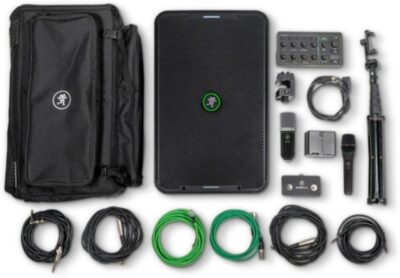 Mackie ShowBox All-in-One Battery-Powered 400W 8 Live Performance Rig with Breakaway Mix Control (Pair) Bundle with Auray Steel Speaker Stands with Tripod Base, Carrying Case and 2X XLR Cable