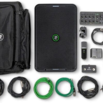 Mackie ShowBox All-in-One Battery-Powered 400W 8 Live Performance Rig with Breakaway Mix Control (Pair) Bundle with Auray Steel Speaker Stands with Tripod Base, Carrying Case and 2X XLR Cable