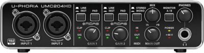 Behringer UMC204HD Audiophile 2×4, 24-Bit/192 kHz USB Audio/MIDI Interface with Midas Mic Preamplifiers | For Recording Microphones and Instruments