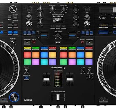 Pioneer DDJ-REV7 Scratch-Style 2-Channel Professional DJ Controller – Black Bundle with Laptop Stand, Headphones, and Austin Bazaar Polishing Cloth