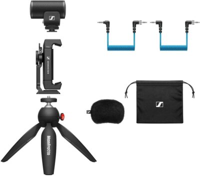 Sennheiser Pro Audio Sennheiser Professional MKE 200 + Mobile Kit, Directional On-Camera Microphone with Smartphone Clamp & Manfrotto PIXI Mini Tripod, 509256, Black