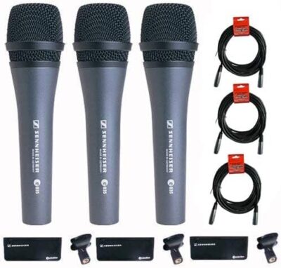 Sennheiser 3x e 835 Wired Cardioid Handheld Dynamic Lead Vocal Stage Microphone with Clip – With 3x Pyle PPMCL15 15ft Symmetric Microphone Cable, XLR Female to XLR Male